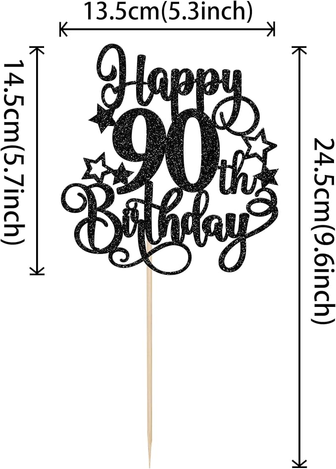 1 PCS Happy 90th Birthday Cake Topper Glitter Cheers to 90 Years Birthday Cake Pick Hello 90 Fabulous Cake Decoration for Happy 90th Birthday Anniversary Party Decorations Supplies Black