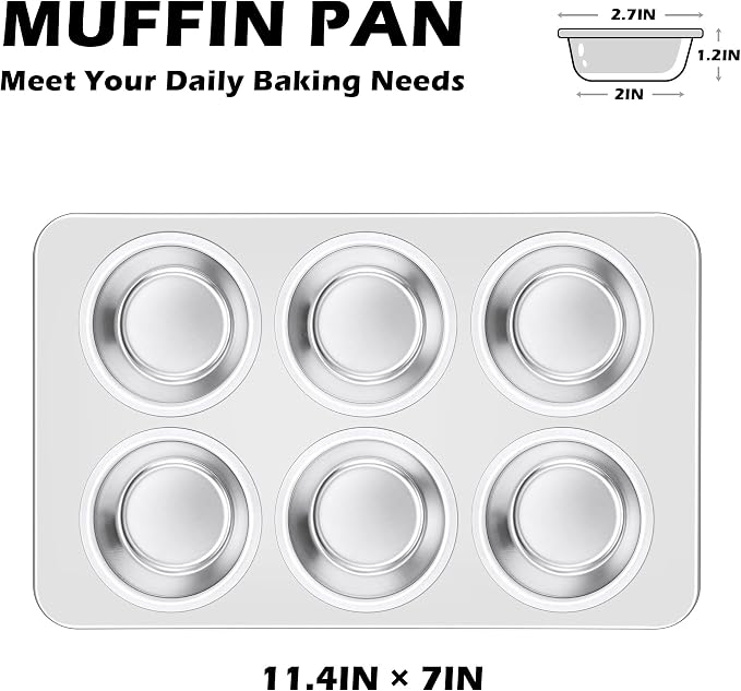 Leonyo Non-Toxic Stainless Steel Muffin Cupcake Pan 6 Cup, 2 Pack | Standard Size Metal Muffin Tin Tray for Baking Cupcake Quiches, Dishwasher Oven Safe
