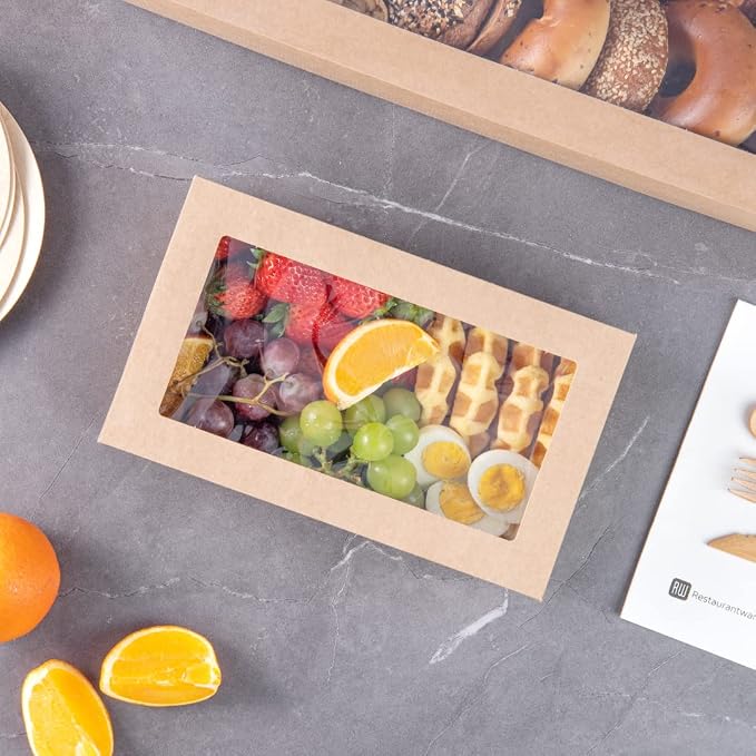 Restaurantware Cater Tek 10.2 x 6.1 x 3.2 Inch Baked Goods Boxes 100 Insert Tab Lock Window Pastry Boxes - Window Lids Easy Assembly Kraft Paper Catering Boxes For Charcuterie Or Cupcakes