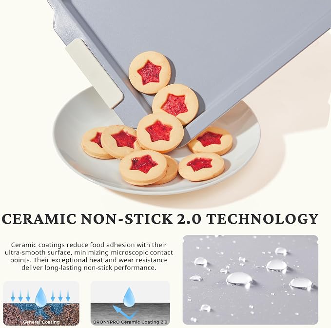 BRONYPRO Non Stick Ceramic Baking Sheet Pan Set of 3, Non Toxic Cookie Sheets (PFAS/PFOA/PTFE Free), Aluminized Steel Oven Trays with Silicone Handles, Rust-Resistant, Warp-Resistant to 500°F, Cream
