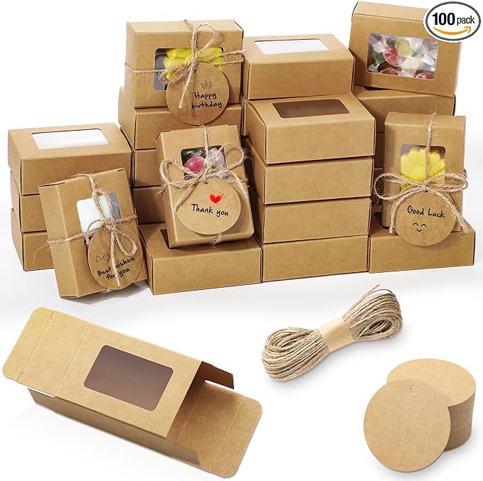 Zhanmai 100 Set Brown Small Soap Boxes for Homemade Soap, 3.35 x 2.36 x 1.2 Inch Paper Packaging Boxes with Window, with 100 Tag and Twine, Gift Wrapping Supplies for Bakery Candy Cookies Party Favors