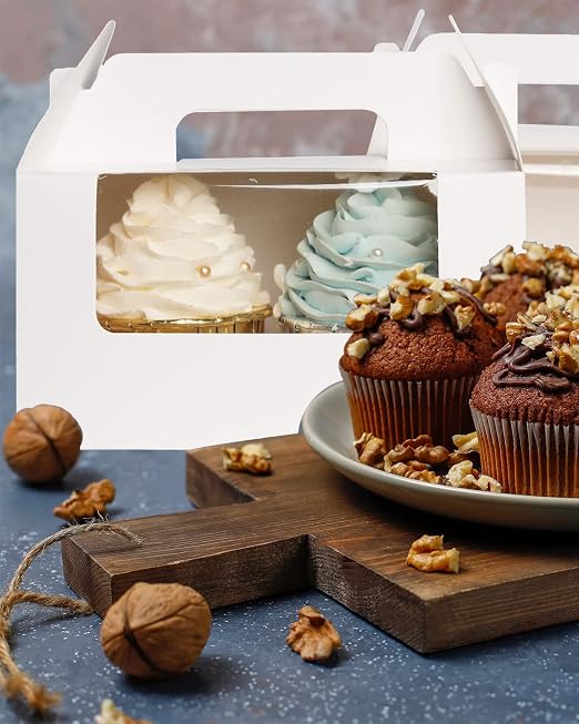 qiqee Cupcake Box Two Holder 6.5x3.6x3.5inch(2.2" Top) 50pcs White 2 Cupcake Boxes With Window