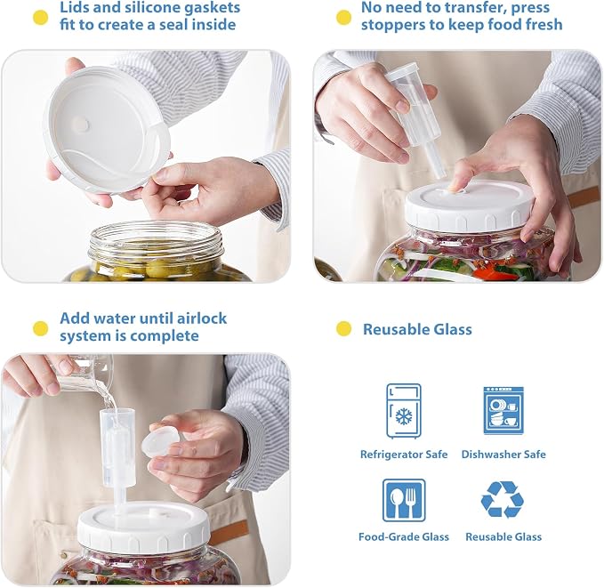 Glass Fermentation Jar Large Pickle Jar Kimchi Containers for Kumbucha Mead | 1.5 Gal, 4.3" Wide Mouth, 2pc, Airtight Lid & 3 Airlocks, ML/OZ Scale Line, Food Grade, BPA Free, Dishwasher Safe, 5700 ML