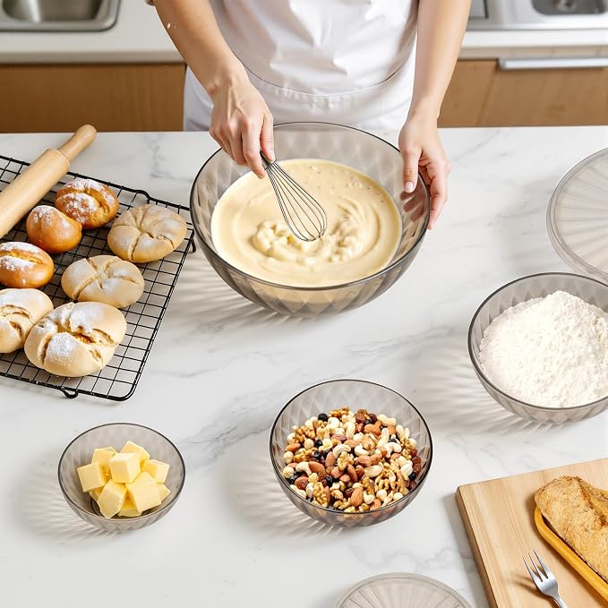 Freshmage Plastic Mixing Bowls with Lids - 6 Piece Nesting Bowls Set with One-Press Easy-Cover Lids, Large Salad Bowl for Baking, Preparing, Serving and Storing, Dishwasher & Microwave Safe