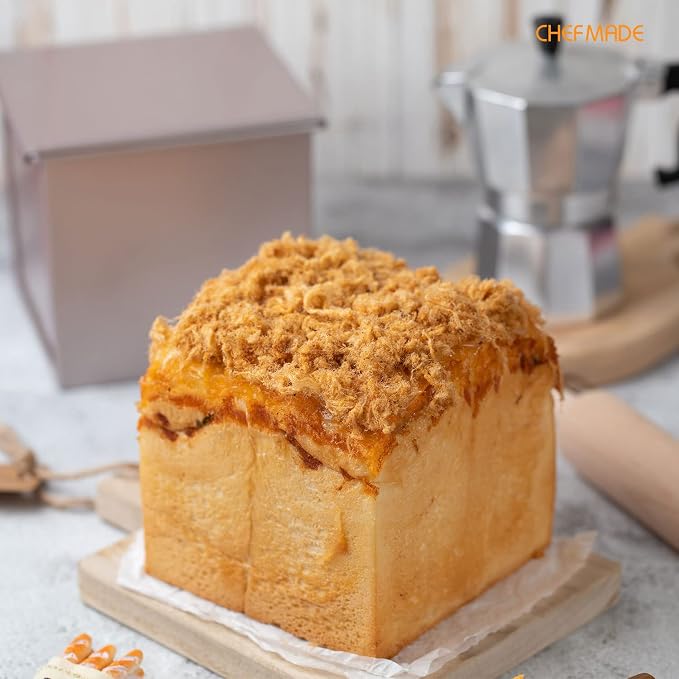 CHEFMADE Square Pullman Loaf Pan with Lid, 1Lb Dough Capacity Non-Stick Rectangle Flat Toast Box for Oven Baking 5.3" x 5.3"x 5.2"(Champagne Gold)