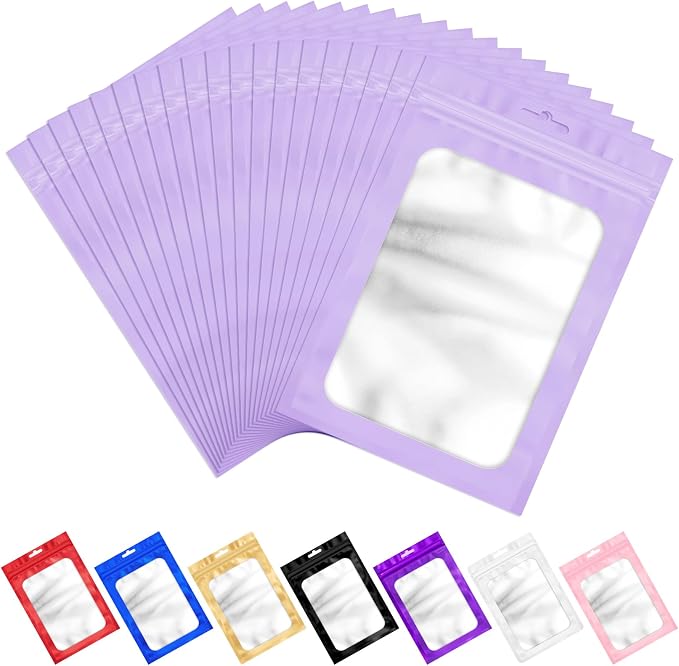 ANZNKU 100 Pack Lavender Purple Resealable Mylar Bags with Frosted Clear Window 6.29x9.44", Smell Proof Foil Pouch Bag forJewelry Candy Storage Supplies, Sealable Packaging Bags for Small Business