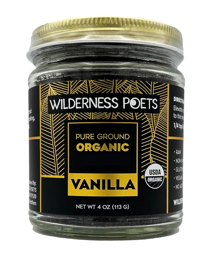 Wilderness Poets, Pure Vanilla Powder - 100% Organic Ground Vanilla Beans - Tahitian Variety, Grade A | Potent, Super Aromatic, Perfect for Chefs, Baking, Ice Cream, Coffee, Lattes (4 Ounce)