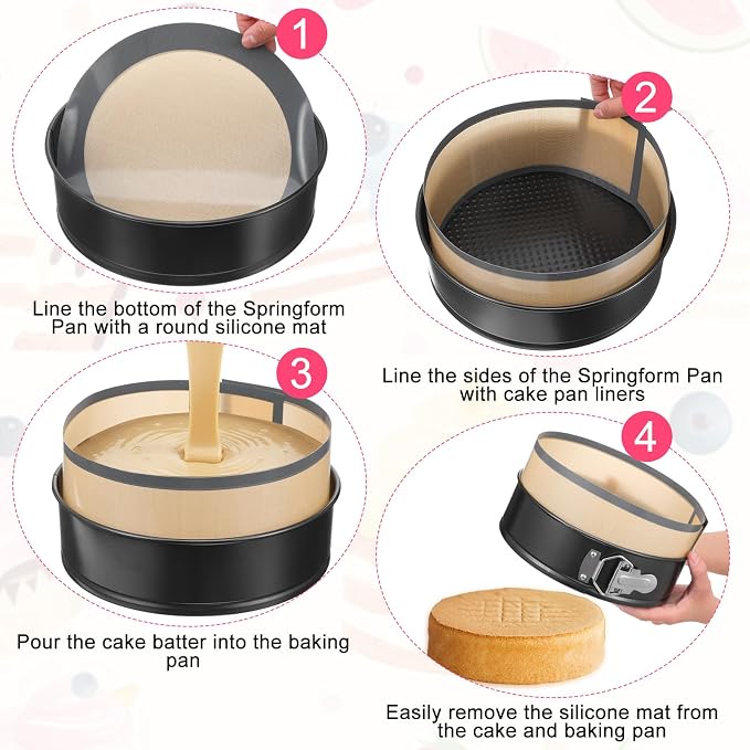 4" 7" 9" Springform Cake Pans Set with Easy Clean Silicone Baking Mat and Silicone Liners Protector Prevent Cake from Sticking to Bottom and Side Nonstick Cheesecake Pan with Removable Bottom