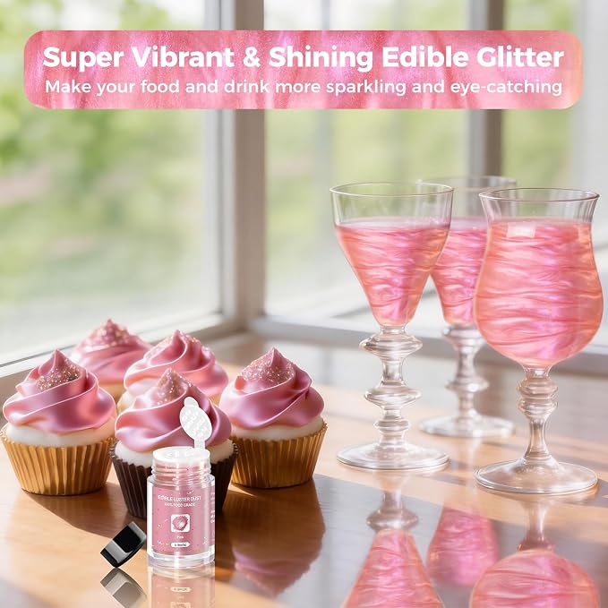 CRPTHE Pink Luster Dust Edible 5g, Edible Glitter for Drinks, Food Grade Glitter Shimmer Sprinkle Powder for Cocktails, Baking, Beverages, Cakes, Strawberries, Cookies, Fondant, Vegan