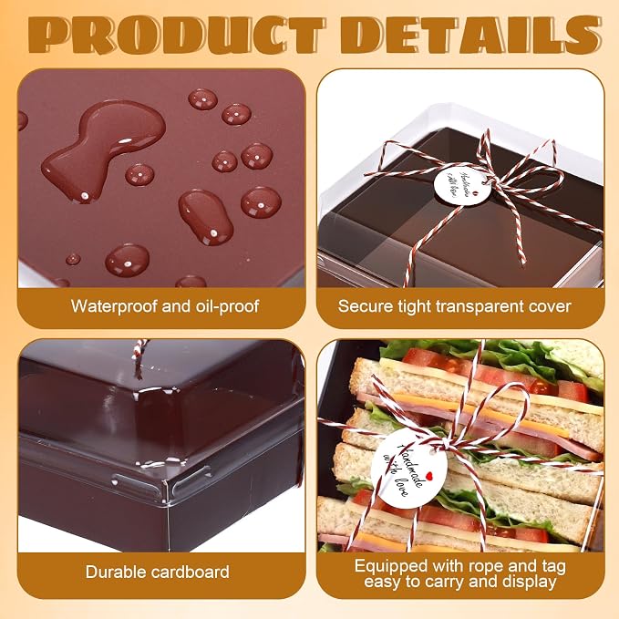 Outus 100 Pack Charcuterie Boxes with Clear Lids, Paper Dessert Boxes to Go with Gift Tags Rope Disposable Party Favor Treat Food Containers for Cookies, Donuts, Muffins, Salad, and Pastry