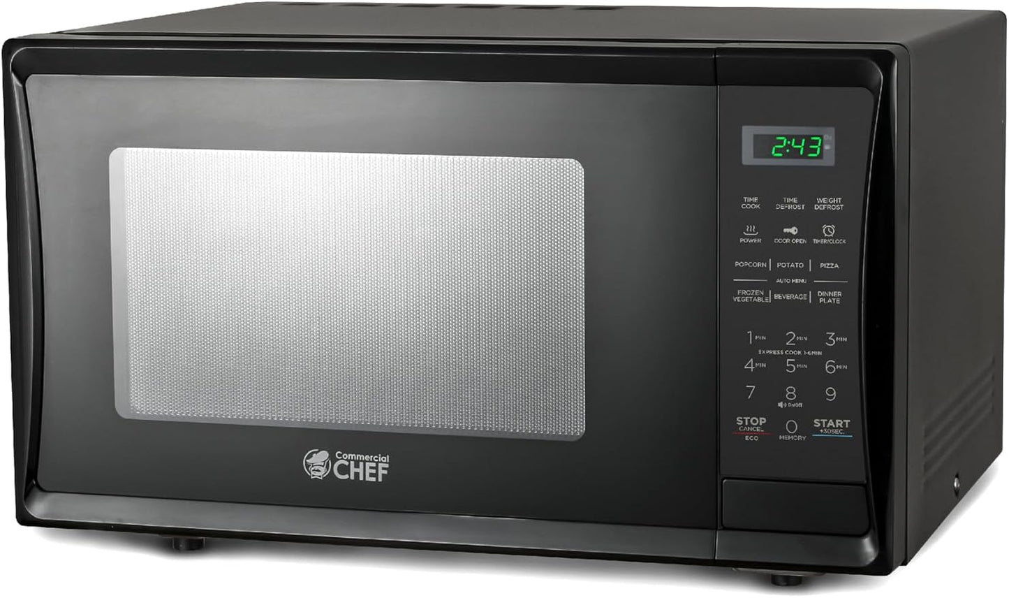 Commercial Chef 1.1 Cu. Ft. Countertop Microwave Oven, Touch Controls with Digital LED Display, 1000W Small Microwave with 12.4” Turntable Plate, Push Button Door, 10 Power Levels, CHM11MB, Black