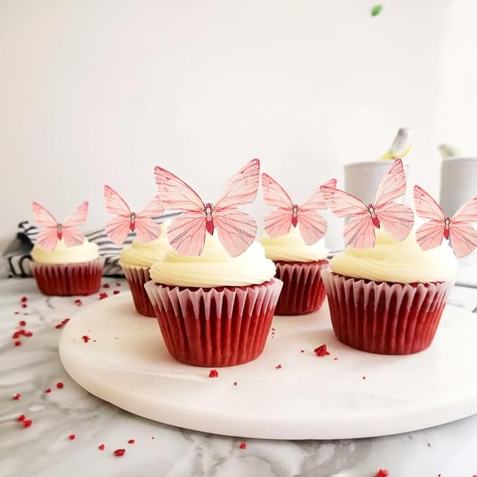 Gyufise 72Pcs Edible Butterfly Cupcake Toppers & Decorations for Butterfly Theme Baby Shower & Kids Birthday Party Cake Supplies - Pink