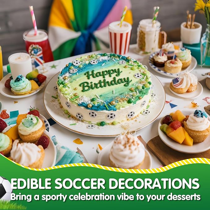 Edible Soccer Sprinkles for Cake Decorating,Food Grade 130g,Baking Sprinkle Mix for Sports & Football Theme Party,Green Gold White Pearls and Jimmies with Soccer Wafer Paper Toppers,for Cupcakes,Ice Cream,Cookies,Donut,Cake Decorations,Match Viewing Ev...