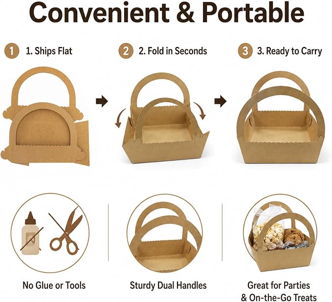 RAINFLOW 13 Kraft Gift Boxes with Handle - Brown Basket for Snacks | Brown Boxes With Handles For Cookies, Donuts, Pastries, DIY and Party Gifting, Christmas, Wedding, Birthday, Anniversary