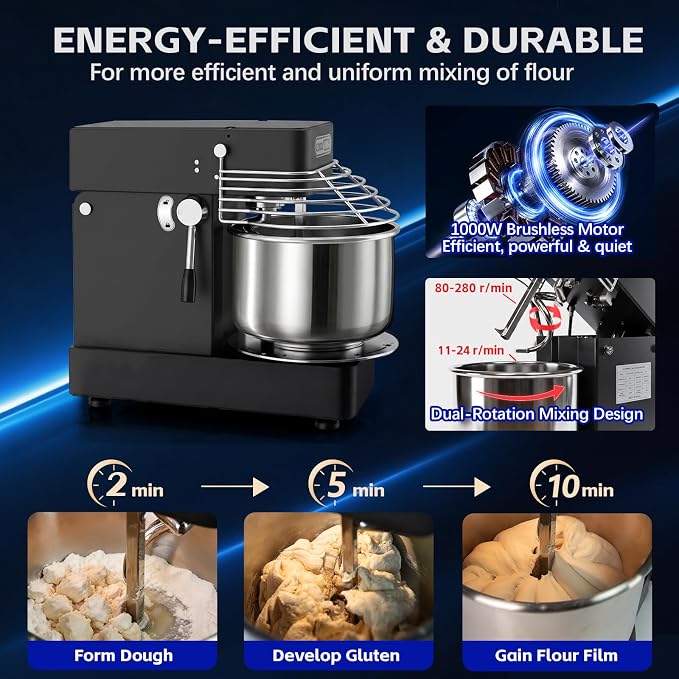 7.4QT Commercial Dough Mixer, Spiral Dough Mixer,1000w Heavy-Duty Stand Dough Mixer With Stepless Speed Control, Tilt-able Design,Perfect For Home Kitchens, Bakeries, Restaurants, Pizzerias