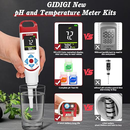 Food pH Meter with ATC, Spear Probe for Sourdough & Meat | Extended temperature electrode, color display, with calibration kit, for sourdough, kombucha, canning, sauce, cosmetic