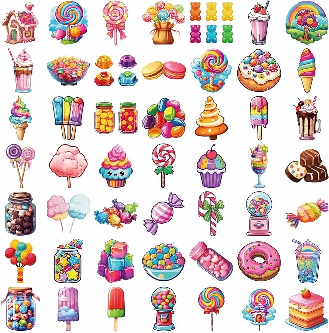 Cute Candies Lollipops Ice-Cream Cake Aesthetic Stickers, 50PCS Funny Sweets Aesthetic Waterproof Stickers for Water Bottles Laptop Journal Scrapbook, Sweet Snack Decals