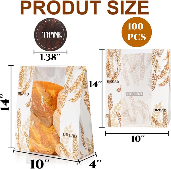 100 Pack Paper Bread Bags with Clear Window, 10 x 14 x 4 Inch Homemade Bread Loaf Bag with Stickers, Large Bakery Bags Sourdough Bread Storage Bag for Popcorn, Cookies, Snacks