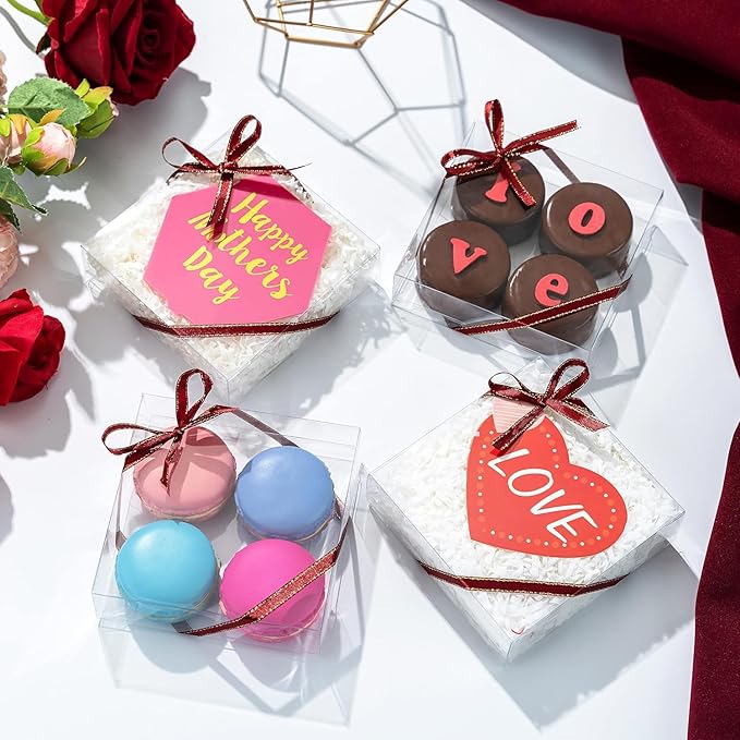 TEMLQPACK 50 Pack 4x4x1.2inch Clear Single Cookies Boxes with Full Window Plastic Small Treat Boxe Macaron Boxes Donut Boxe Dessert Box for Party Christmas Valentine's Day