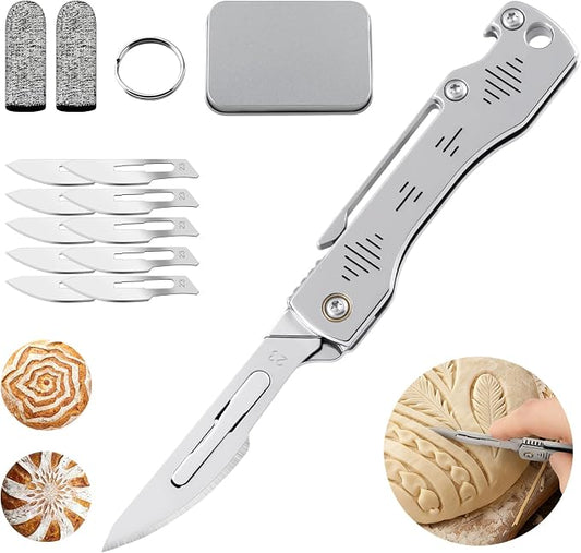 Bread Lame, Folding Sourdough Scoring Tool with Belt Clip & 10 Blades: Professional Dough Scorer for Artisan, Homemade Baking | EDC Portable Kitchen Cutter, Craft Knife, Hobby Tool & Box Opener