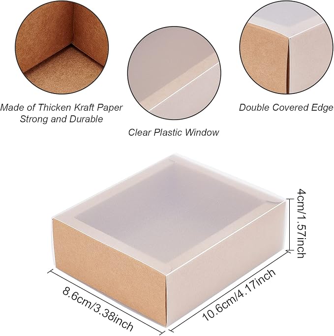 BENECREAT 12 Pack Kraft Paper Gift Boxes with PVC Frosted Cover 4x3.5x1.5 Inch Kraft Paper Drawer Box for Cake Cookie Candy Soap Snacks Weeding Party Favors, BurlyWood