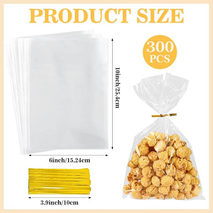 Augshy 300Pcs Candy Bags for Party Favors Clear Cake Pop Wrappers Supplies | Clear Cellophane Plastic, 6x10 Inch Cake Pop Wrappers, Bakery Cookies Snacks, Treat Gift Supplies, Twist Ties