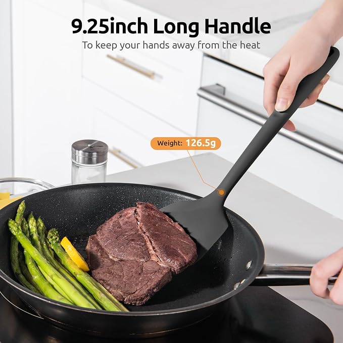 600ºF Heat Resistant Silicone Turner: U-Taste 13.6in Long Solid & Slotted Thick Kitchen Spatula Flipper, Large Flexible Cooking Utensil for Flipping Egg in Nonstick Cookware (Classic Black, 2PCS)
