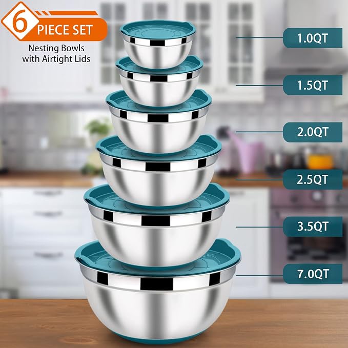 LIANYU Stainless Steel Nesting Mixing Bowls Set of 6, Size 7, 3.5, 2.5, 2, 1.5, 1QT, Large Metal Bowls for Cooking, Baking, Food Storage, Non-slip Bottom & Airtight Lids, Dark Blue