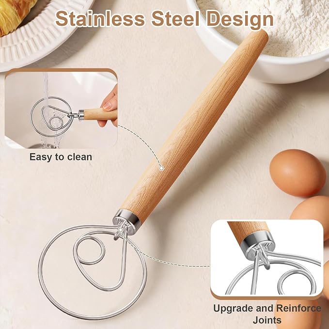 2 Pack 13-Inch Danish Dough Whisk with Dough Scraper, Premium Stainless Steel Bread Whisk Mixer with Ergonomic Wooden Grip, Ideal for Sourdough, Pizza Dough & Pastry Making