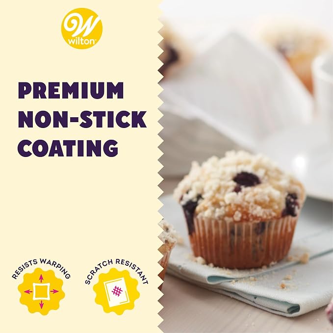 Wilton Gold Non-Stick Bakeware Muffin Pan-Baking Pan for Muffins & Cupcakes-Made Without PFAS,Dent Resistant&Dishwasher Friendly-Offers Even Heat Distribution-10.5 x 15 x 2 Inches, 12 Cup (Pack of 6)