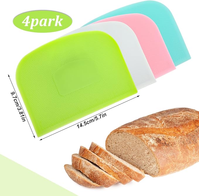 4 Piece Plastic Dough Scraper Bowl Scraper Flexible Multipurpose Food Scraper Plastic Dough Cutter for Bread Cake Dough Fondant Icing (White, Green, Blue, Pink)