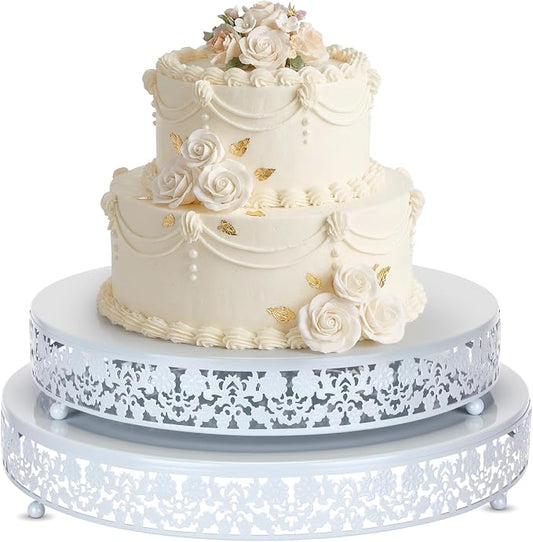 Wenqik 2 Pack Cake Stand Set, 14/16 Inch Metal Round Cupcake Dessert Stand Decorative Elegant Cake Display for Weddings Party Birthday Baby Showers Anniversary(Classic Floral,White)