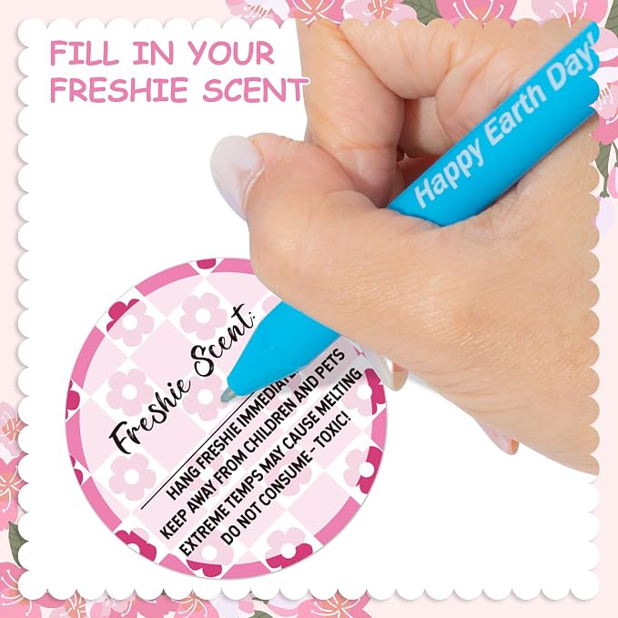 PANTIDE Freshiess Scent Care Instruction Stickers - 500 Count Car Freshie Warning Round Labels, Adhesive Roll Stickers with Line to Write Thermal Printed for Small Business (2 x 2 Inch, Pink Flower)