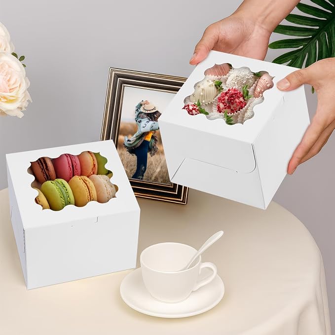 WINKIO 12 Pieces Cookie Boxes with Window, 6×6×5 Inches White Treat Boxes for Bakery Dessert Pastry Mini Cake Favor Donut Baked Goods (with Stickers)