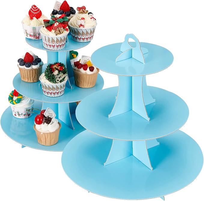YLDW Cupcake Stand 2Pcs, 3-Tier Cupcake Stand Display, Cardboard Cup Cake Tower Stand, Disposable Dessert Stand for Birthday Tea Party Baby Shower Treat Decorations, Baby Blue