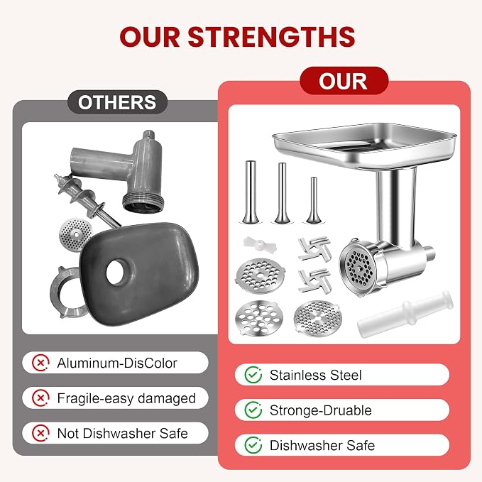 KINGEAGLE Stainless Steel Food Grinder Attachment for KitchenAid Stand Mixer, Durable Meat Grinder, Includes 3 Grinding Plates, 3 Sausage Stuffer Tubes, 2 Grinding Blades, Dishwasher Safe