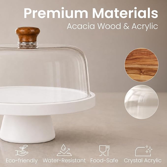 Acacia Wood Cake Stand with Lid Anti-Mold 12 Inch - 2-in-1 Wooden Charcuterie Board - Covered Dessert Plate with Acrylic Dome - Vintage Pastry Display - Tall Domed Serving Stand Platter - White