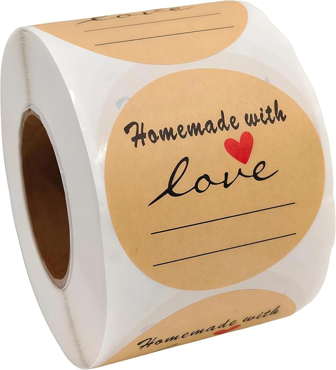 2 Inch Natural Brown Kraft Stickers (500 Per Roll), Homemade with Love Sticker with Lines for Writing (Permanent Adhesive) for Store Owners, Crafts, Organizing, Jar and Canning Labels