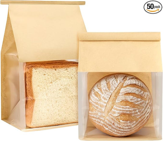 Sourdough Bread Bags with Tin Tie Tab Lock, 50 PCS, 10.3 x 6.3 x 5.1 Inch | Paper Bakery Bags with Window For Homemade Breads Cookies, Bagels, Pastries Bake Sale Packaging