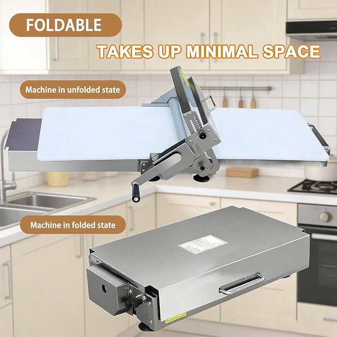 Commercial Grade Manual Dough Roller Machine, Folding Dough Sheeter, with 0-25mm Adjustable Thickness Settings for Baking Pizza, Pastries, and Fondant at Home or Bakery