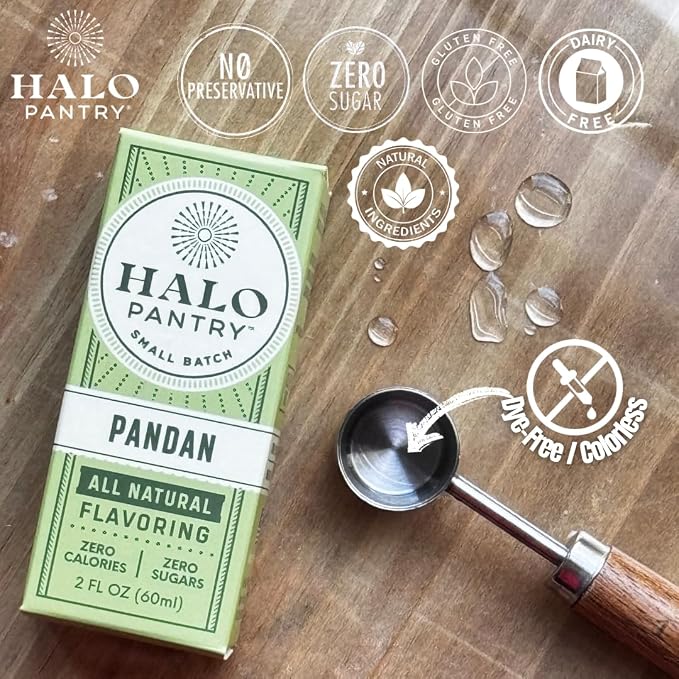 Natural PANDAN Flavoring Extract by HALO PANTRY (2oz bottle) | Colorless/Clear, Dye-Free, Dairy-Free, Sugar-Free, Gluten-Free, NO Sweeteners, NO Calories | Perfect for customizing ANY baking, candy, dessert or drink recipes