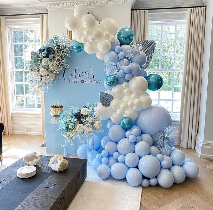 153Pcs Blue and White Balloons Garland Arch Kit with Stars - 22 18 12 10 5 inch Different Size Baby Pastel Light Blue White Confetti Balloons for Birthday Baby Shower Wedding Party Decorations