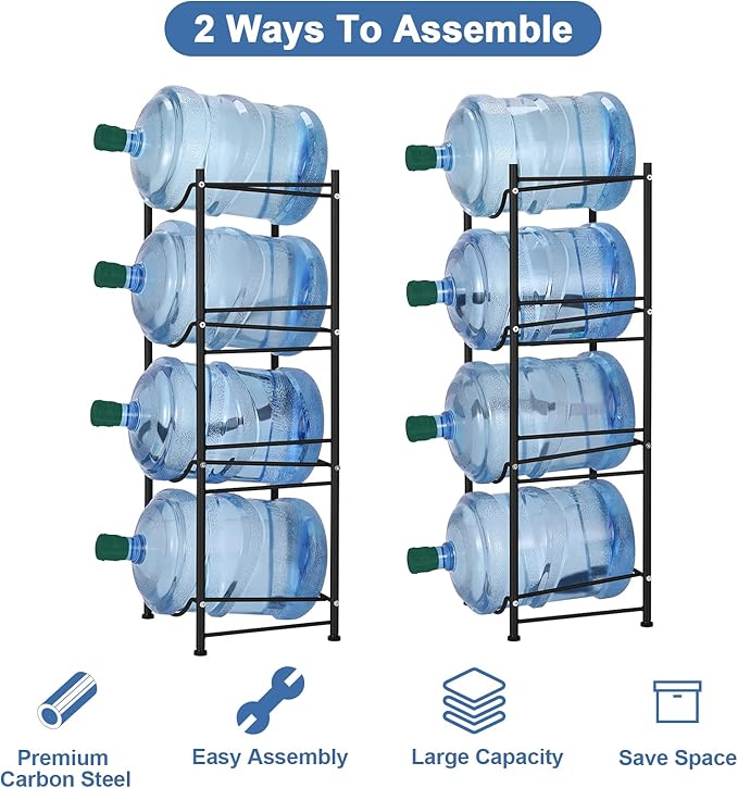 5 Gallon Water Bottle Jug Holder 4 Tier Heavy Duty Cooler Jug Storage Rack Detachable Bottle Organizer Shelf for Home, Kitchen, Office, Breakroom Space Save, Black