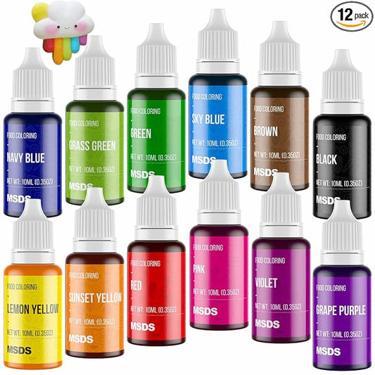 12 Color Cake Food Coloring Set, Nomeca Food Grade Vibrant Food Color Liquid Dye Tasteless for Baking, Icing, Easter Egg, Fondant, Cooking, Slime Making DIY Supplies Kit - .35 Fl. Oz (10 ml) Bottles