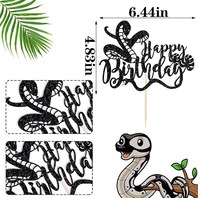 Glitter Snake Happy Birthday Cake Topper- snake theme happy birthday cake decoration，Baby Party 、Boy and Girl Happy Birthday Party supplies decoratio