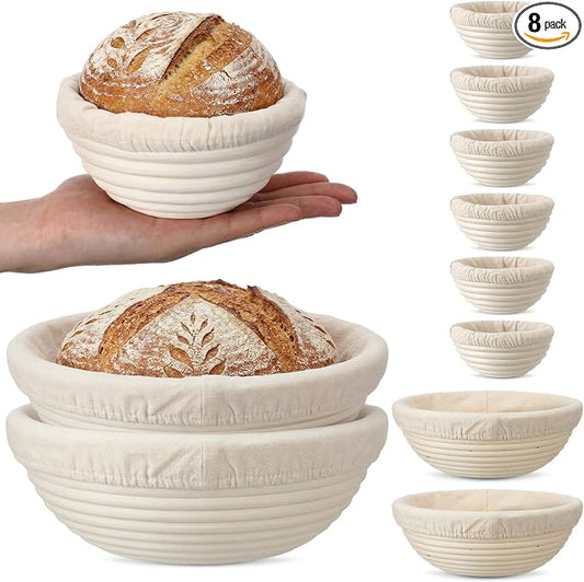 Set of 8 Banneton Bread Proofing Basket with Liner, 5-inch and 9-inch Round Small Mini Bread Proofing Sourdough Bowl, for Sourdough Making, Baking Supplies for Home and Bakery