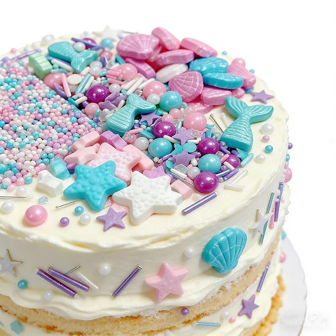 Sentovac Mermaid Sprinkles Nonpareils Jimmies Starfish Shell Mix Edible Sprinkle for Cake Decorating Candy Cookie Baking Decorations Mermaid Party Birthday Supplies