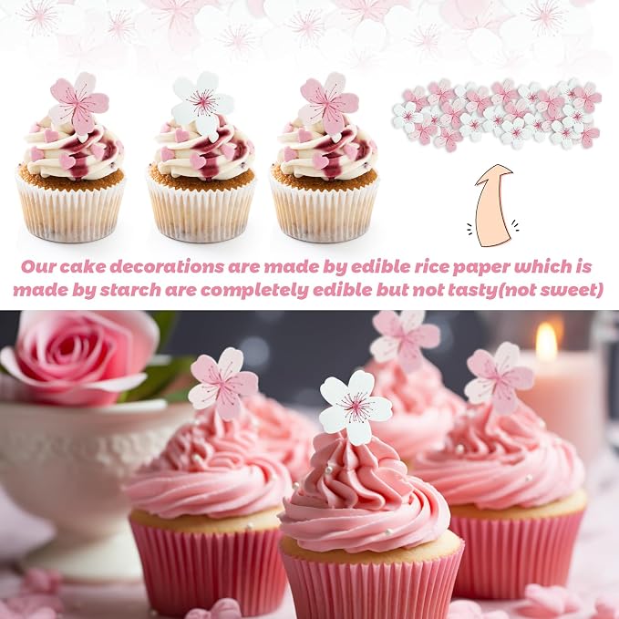 Edible Flowers Cake Decorations - Edible Flowers Set of 60PCs, Edible Cherry Blossom Cake Decorations Wafer Paper Flower Cupcake Toppers for Wedding Birthday Party (White & Pink)