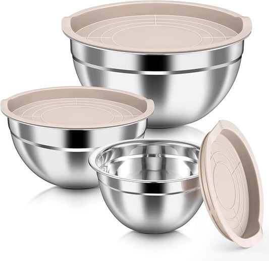 HaWare Mixing Bowls with Airtight Lids, 6-Piece Stainless Steel Salad Bowls, Strong Nesting Bowls for Cooking, Prepping, Baking, Serving & Food Storage, Stackable Design, Size 4.6, 3, 1.5QT, Khaki