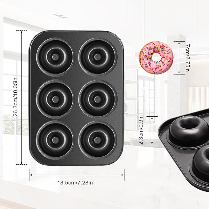 2 Pack Donut Pans, Carbon Steel Donut Pan for Baking with 6 Holes Non-Stick Stackable 10.35" x 7.28" Doughnut Pans Oven Safe Donut Molds for Bagels, Mini Cakes and Muffins
